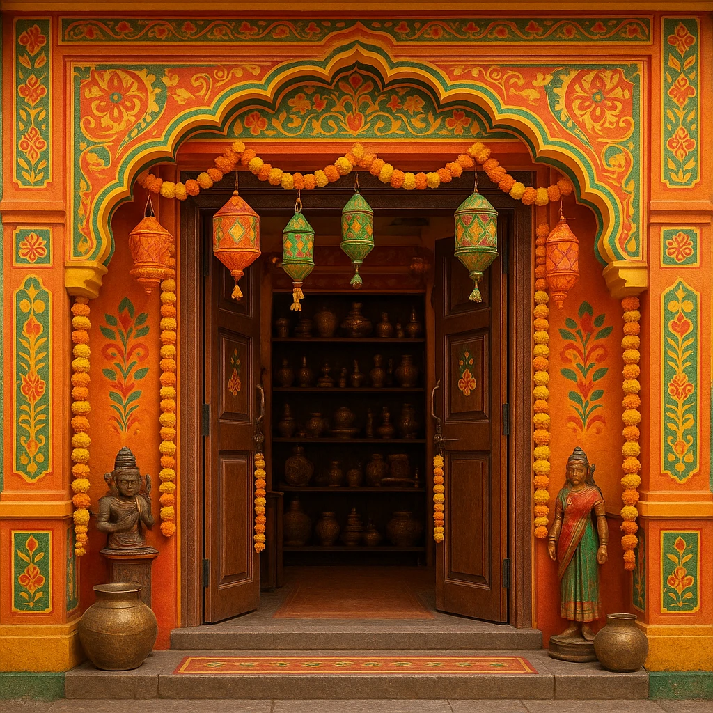 an Indian shop with colorful exterior, traditional elements, inviting, vibrant, no text emoji