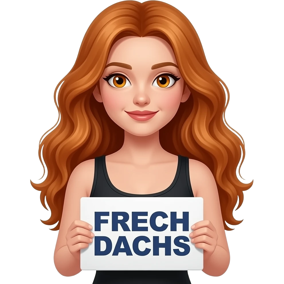 sexy girl with long wavy ginger hair and ginger eyes wearing a black tanktop is holding a white sign with FRECH DACHS written on it emoji