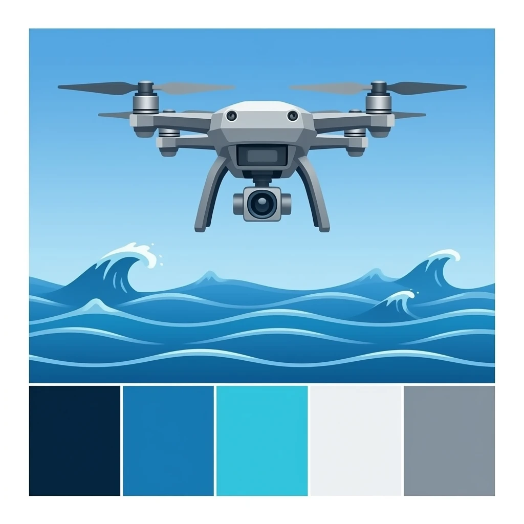 drone over Waves, professional look, use colors Dark blueHEX: #002137, Deep blue HEX: #002F55, Sky blue HEX: #7FC7FF, Sea turquoise HEX: #008CF0, Sky white HEX: #F0F8FF, Coastal grey HEX: #808080 emoji
