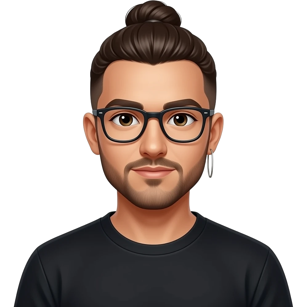 Men with a bun and glasses, long earing and black t-shirt emoji