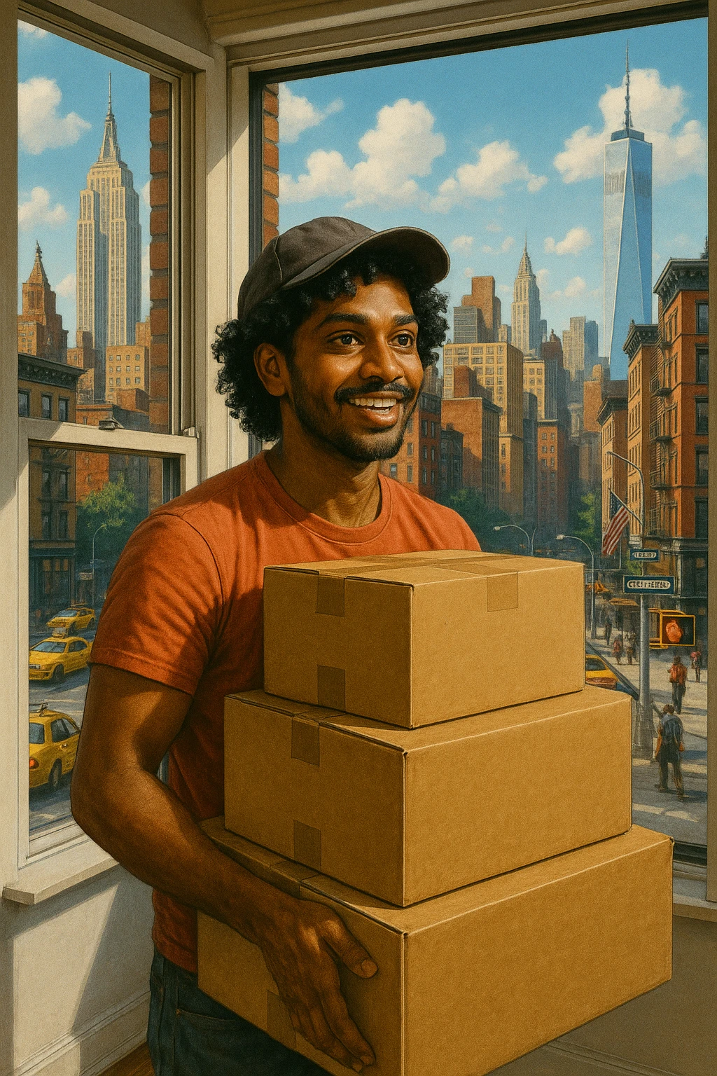 an Indian black man with medium curly hair, wearing a cap, carrying boxes and moving into a New York City apartment, city skyline in the background emoji