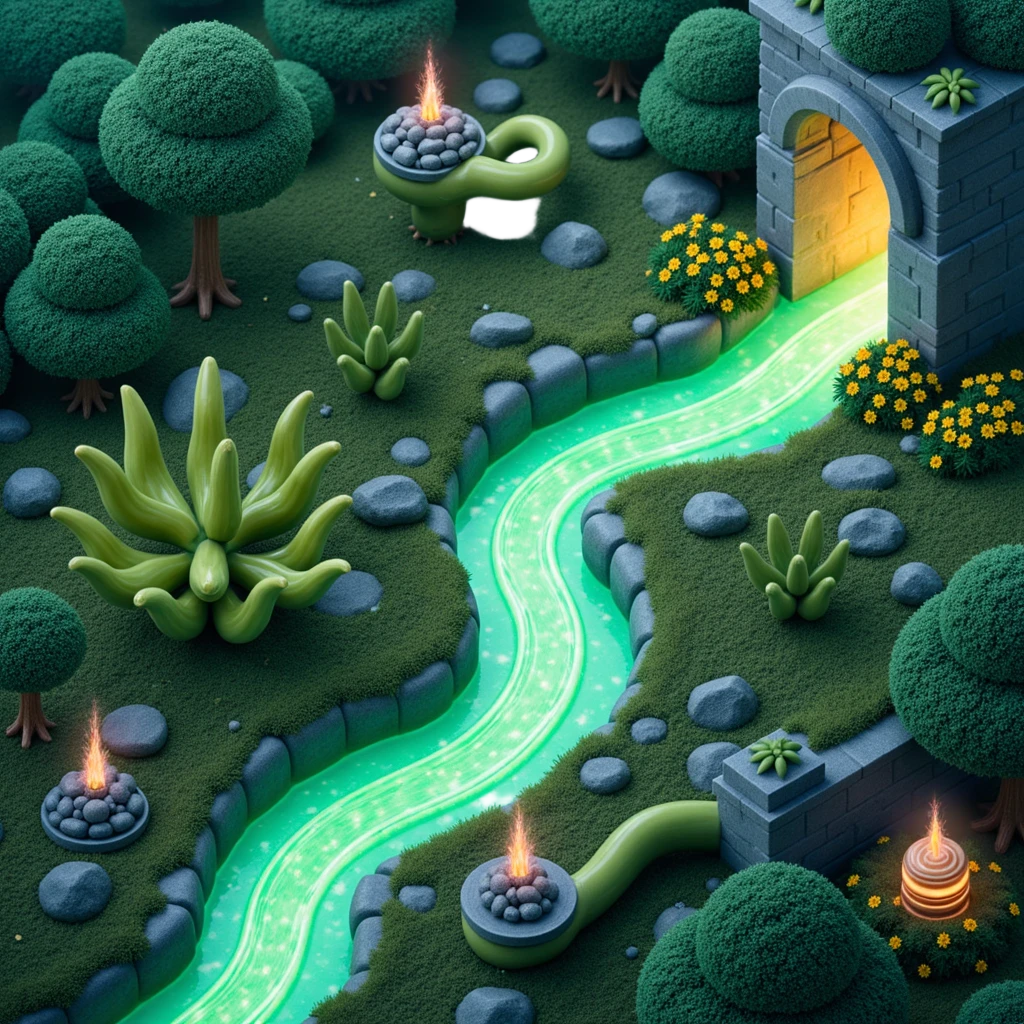 Outside view of an alien farm with bizarre-shaped plants, glowing slime trails, curved alien pipes and floating irrigation orbs emoji