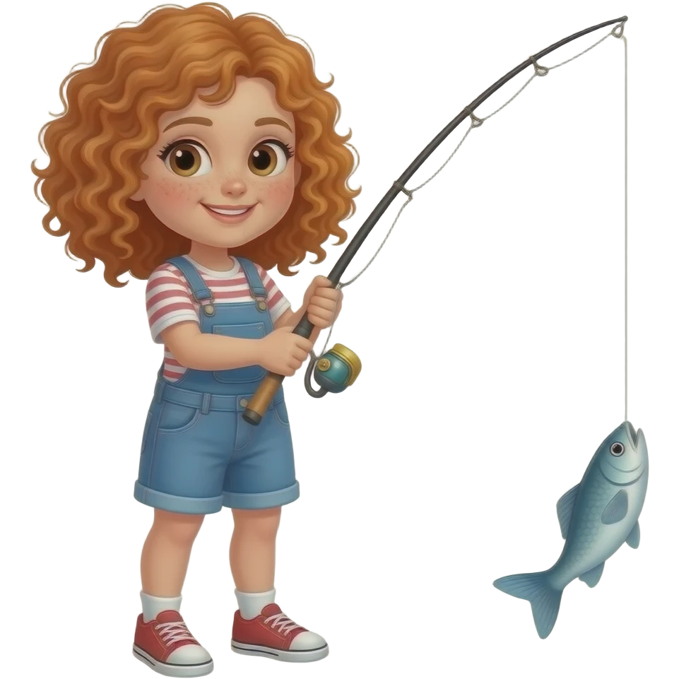 Fille rousse bouclés tâches de rousseur pêcher du poisson emoji