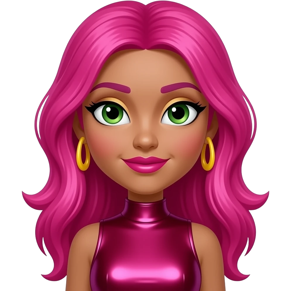 Raya from Jem and the Holograms with olive skin, green eyes, long pink 80s rocker hair, light yellow eyeshadow, hot pink lipstick, red-violet metallic high neck dress, yellow earrings emoji