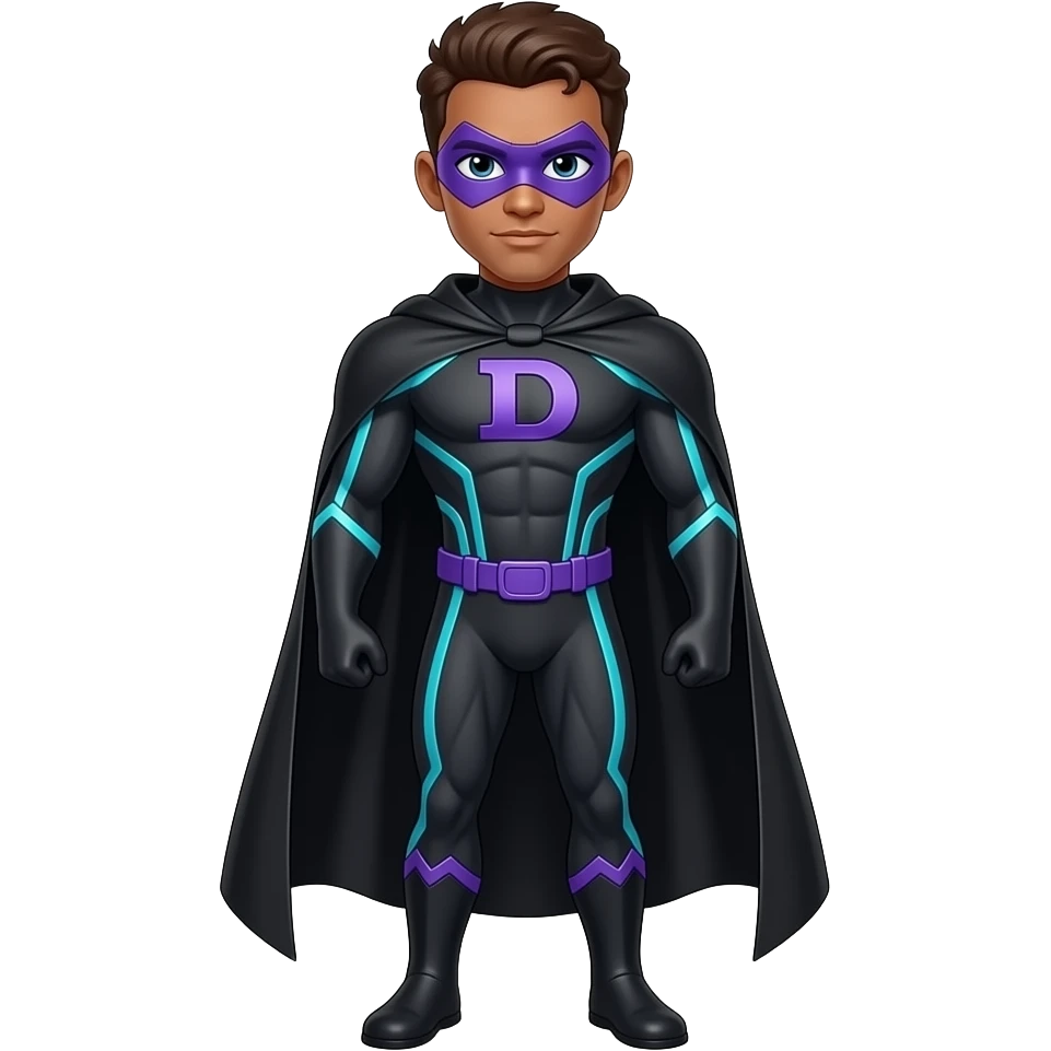 Anime men brown skin  superhero suite look superstrong dark purple and cyan lines long black cape letters D purple masks full body emoji