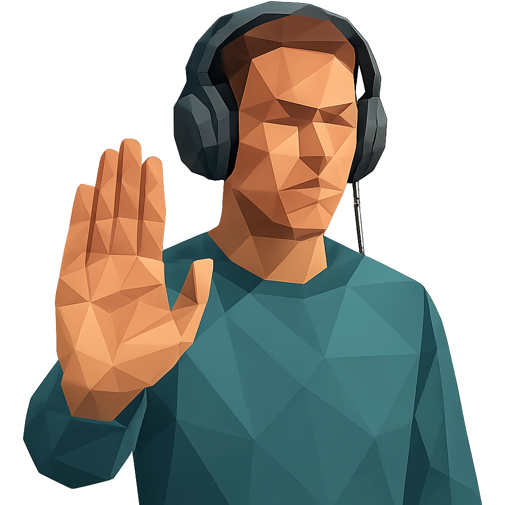 person in headphones showing a refusal sign emoji