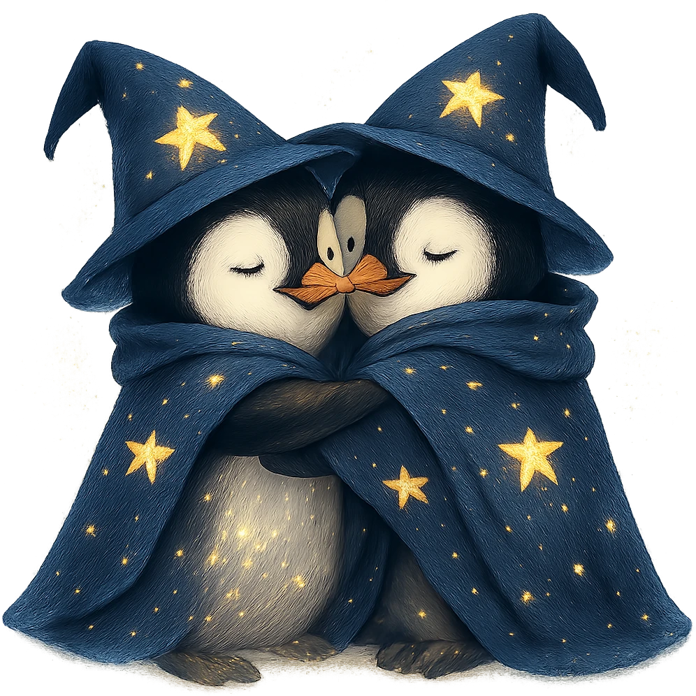 two penguin wizards hugging, starry cloaks, enchanted glow, magical and warm emoji