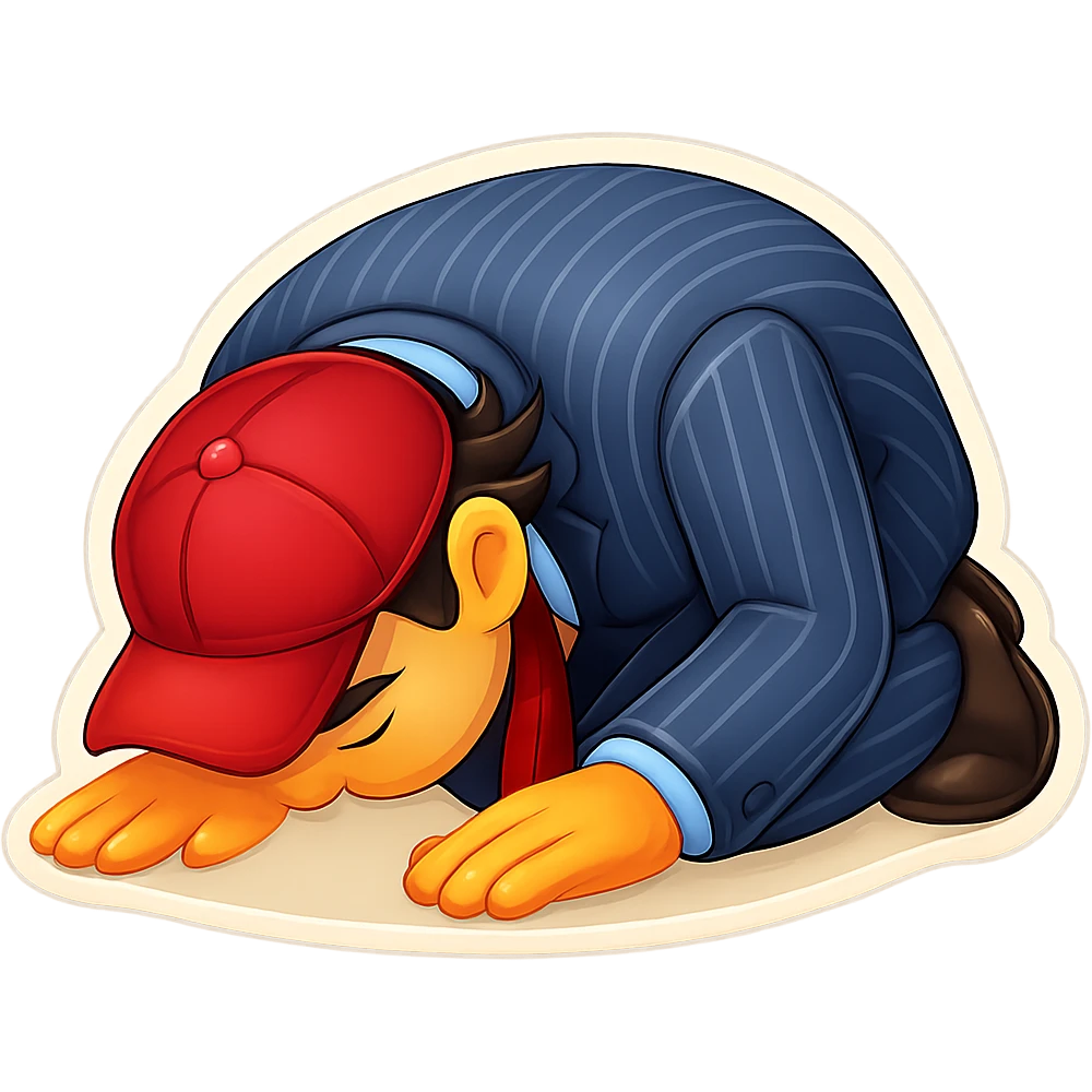 Modify the emoji so the man’s hand is clearly visible while he is kneeling down and bowing deeply to the ground, with arms and forehead touching the floor, in an 80% realistic, clear, bold, and expressive emoji style. emoji