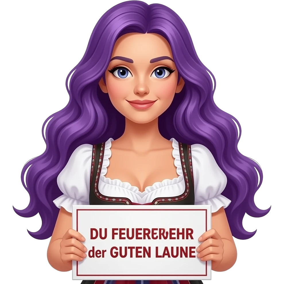 sexy girl with long purple hair wearing a dirndl holding a DU FEUERWEHR der GUTEN LAUNE sign emoji