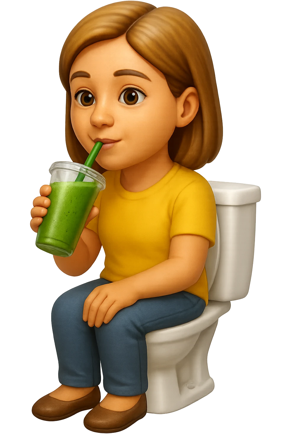 emoji stile iphone di una donna seduta sul wc che beve uno smoothies verde, iperrealistico 4k emoji