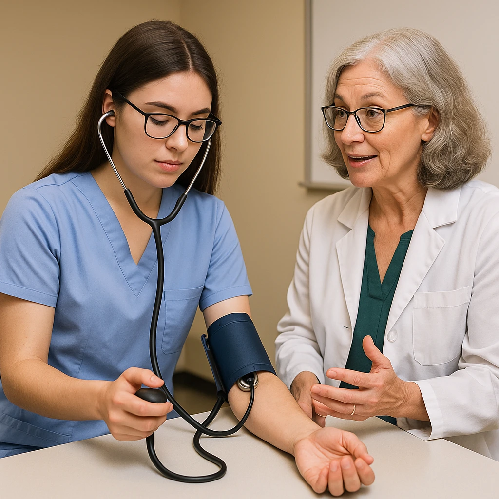 A student practicing a healthcare skill, such as taking blood pressure, while a teacher provides feedback, clinical skills practice, medical education emoji