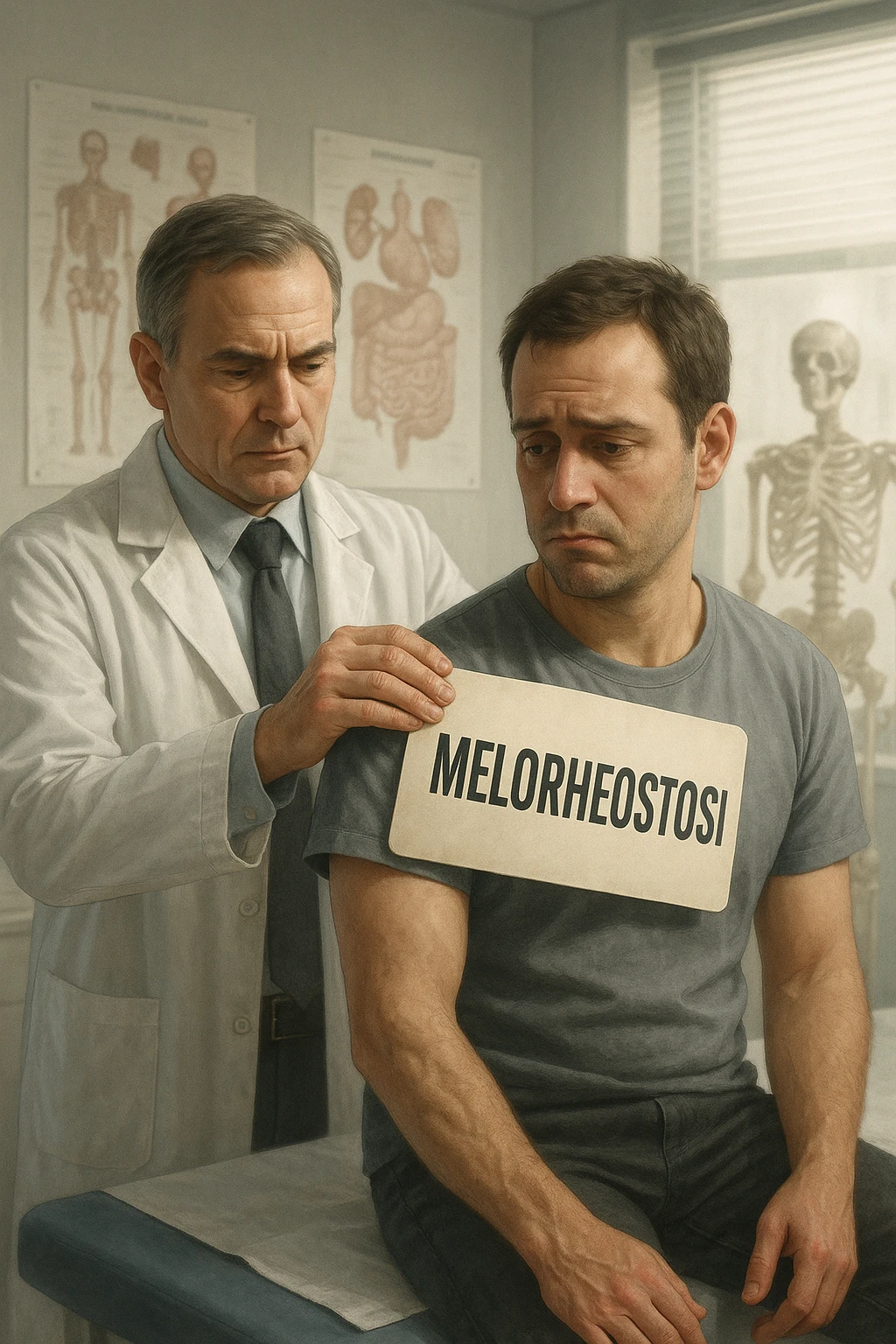 A realistic, cinematic illustration set in a bright, modern medical office. A middle-aged doctor in a white lab coat with a serious expression is shown gently placing a large paper label on the shoulder of a male patient sitting on the examination table. The label has the word 'Meloreostosi' written on it, symbolizing the act of labeling the patient with his rare bone condition. The patient looks confused and slightly disheartened, wearing a simple t-shirt with part of his arm exposed, showing subtle signs of bone thickening or deformation associated with melorheostosis. The background includes medical charts and a softly blurred skeleton model, emphasizing the medical setting. The lighting is bright but neutral, conveying a sterile, clinical atmosphere while focusing on the symbolic moment of receiving a diagnosis label. The mood is introspective and slightly heavy, illustrating the emotional weight of being defined by a rare chronic condition in italiano emoji
