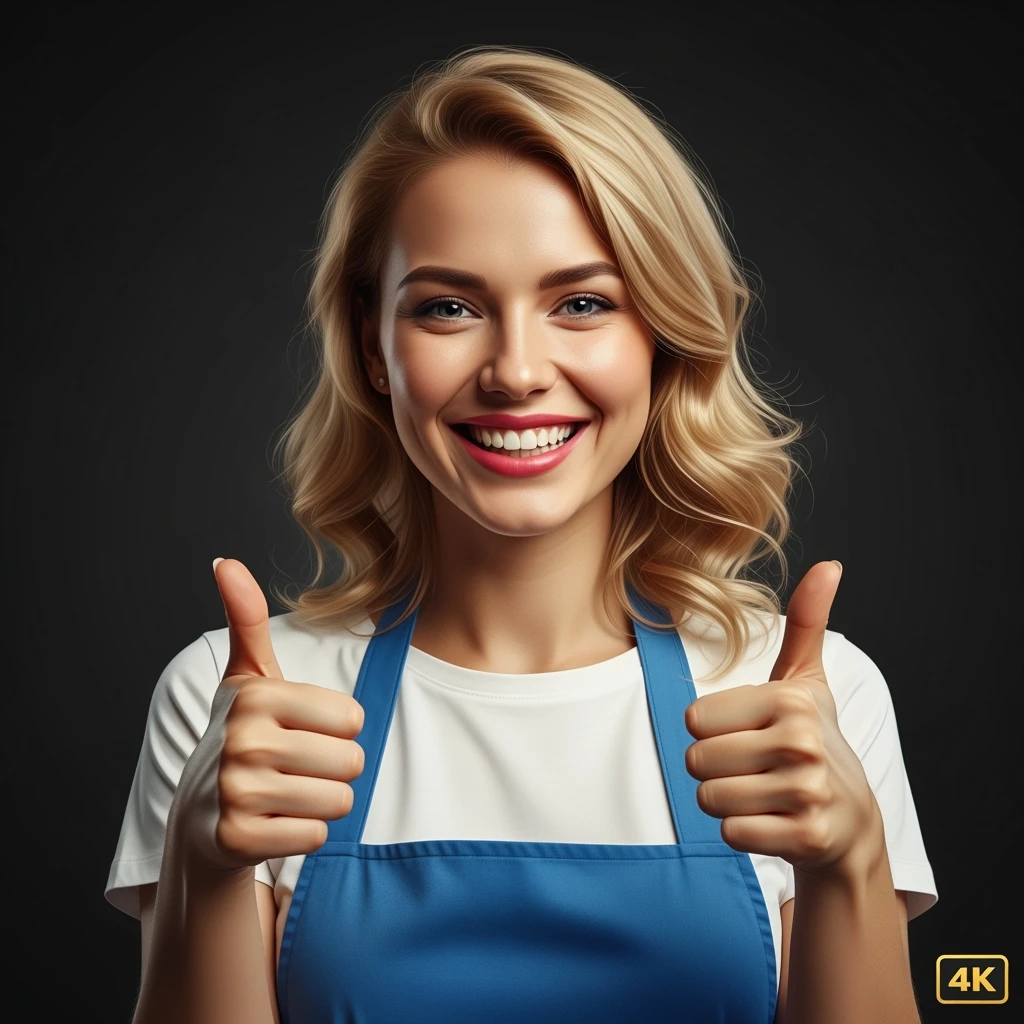 DONNA FELICE CON POLLICI ALZATI, IPERREALISTICA 4K, SENZA SFONDO emoji