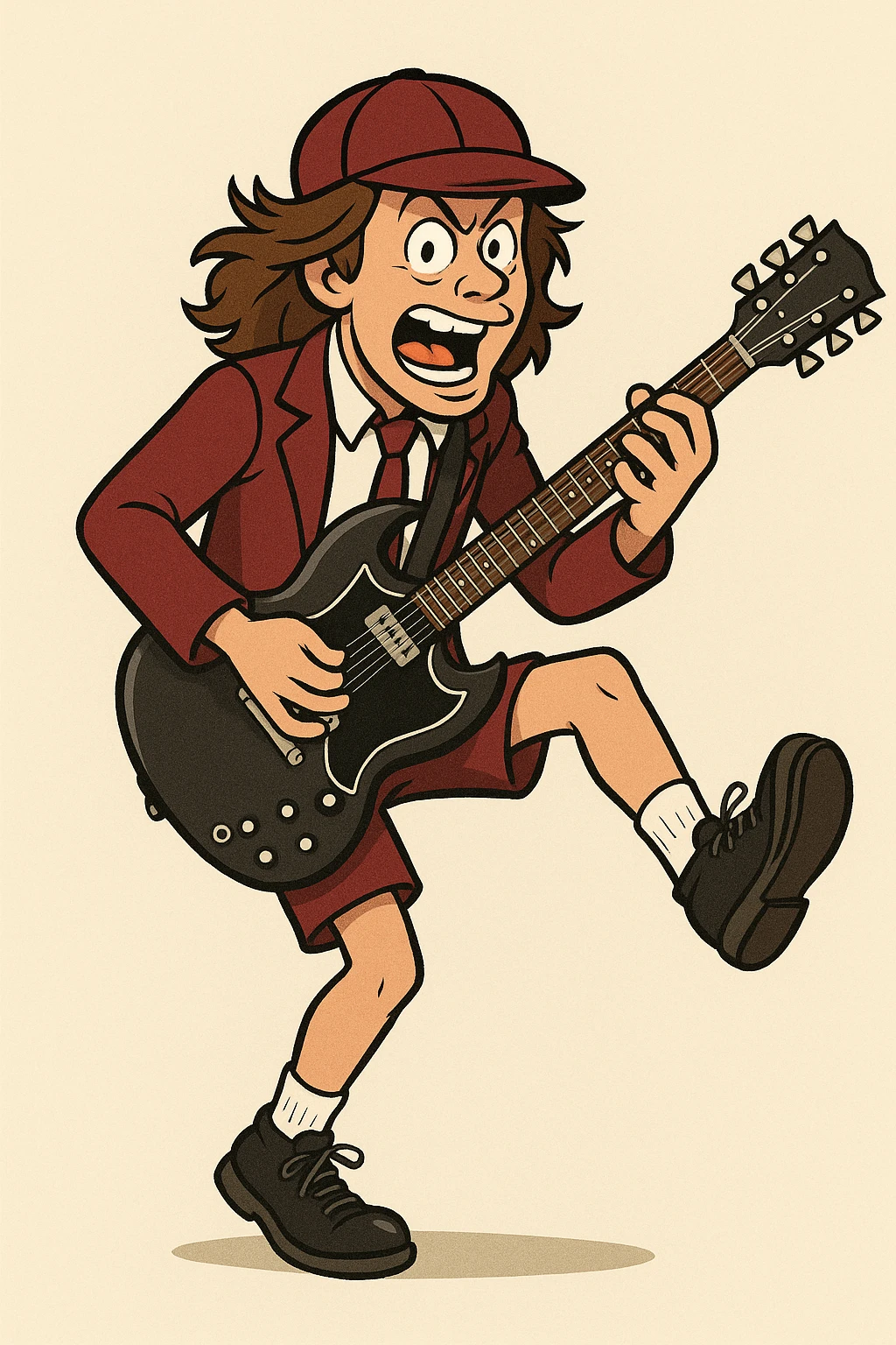 Angus Young from AC/DC in a school uniform, energetic pose, holding a guitar, cartoon style emoji