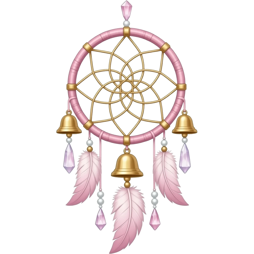 Hanging pastel Sakura-pink white gold crystals white-pearly dreamcatcher with bells and feathery ornament emoji