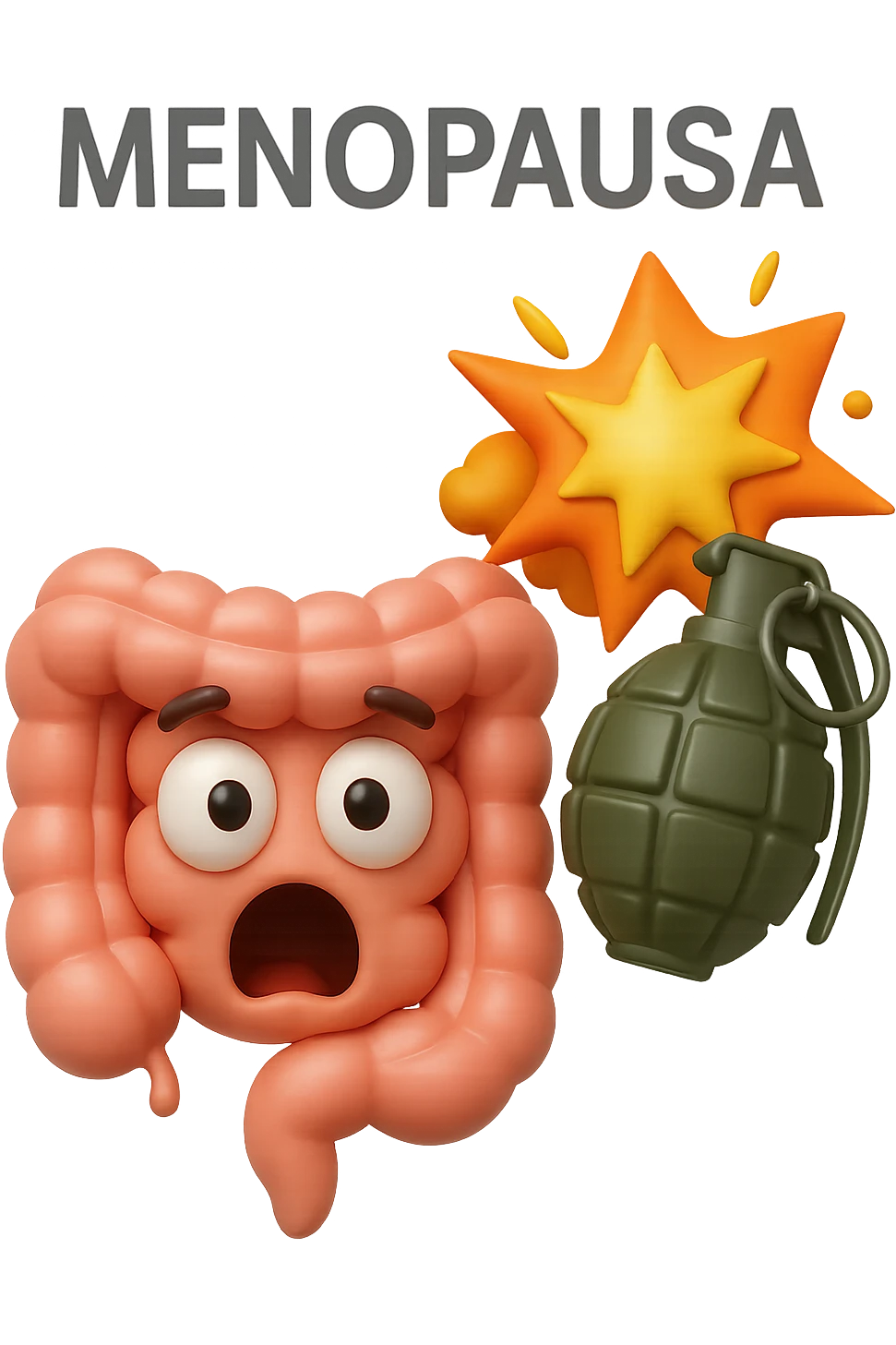 EMOJI STILE IPHONE 3D DI INTESTINO 3D CON ESPRESSIONE SCIOCCATA IN VOLTO MENTRE ACCANTO A LUI SCOPPIA UNA GRANATA 3D CON LA SCRITTA "MENOPAUSA" SOPRA, FAGLI ANCHE LA PARTE BIANCA DEGLI OCCHI, NON SOLO LA PUPILLA emoji