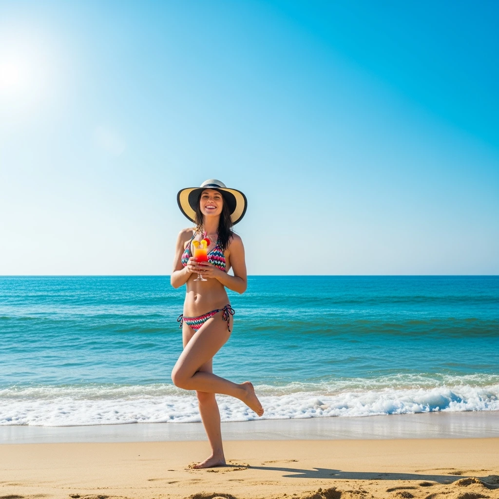 take this picture of a woman and make it  beach photo with drink emoji