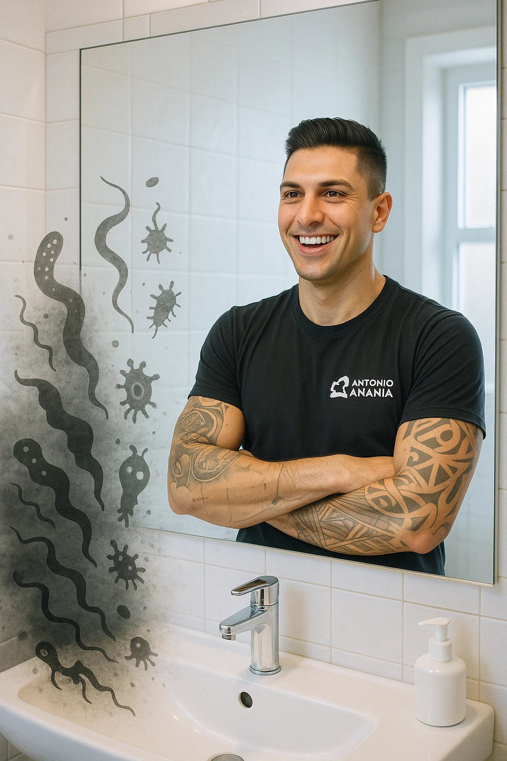a man stands in a brightly lit bathroom, looking relieved and revitalized as he examines his reflection in the mirror. In the foreground, stylized, shadowy images of parasites (such as worms or protozoa) are shown leaving his body, dissolving into mist or fading away. His posture is upright and his expression is one of newfound energy and health. emoji