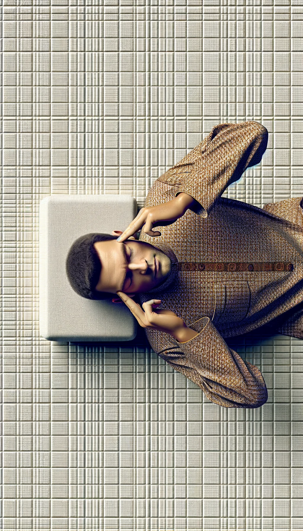 uomo steso sul materasso visto dall'alto che si concentra con gli occhi chiusi e le mani sulle tempie, SFONDO CHIARO NEUTRO, colori realistici, iperrealistico 4k emoji