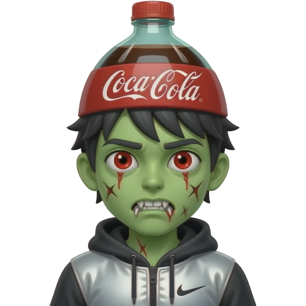 A young zombie with red veins in his eyes, green skin, wearing silver grillz, and black hair falling over his decaying (torn) eyebrows. He has a Coca-Cola drinking helmet on his head and wears a nike tech hoodie. emoji