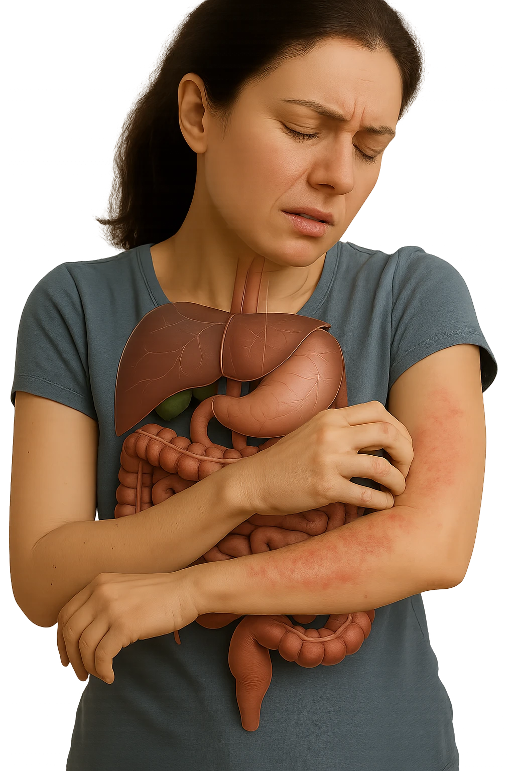 donna con intestino umano anatomico realistico che si gratta il braccio su cui ha un'eritema, iperrealistica 4k emoji