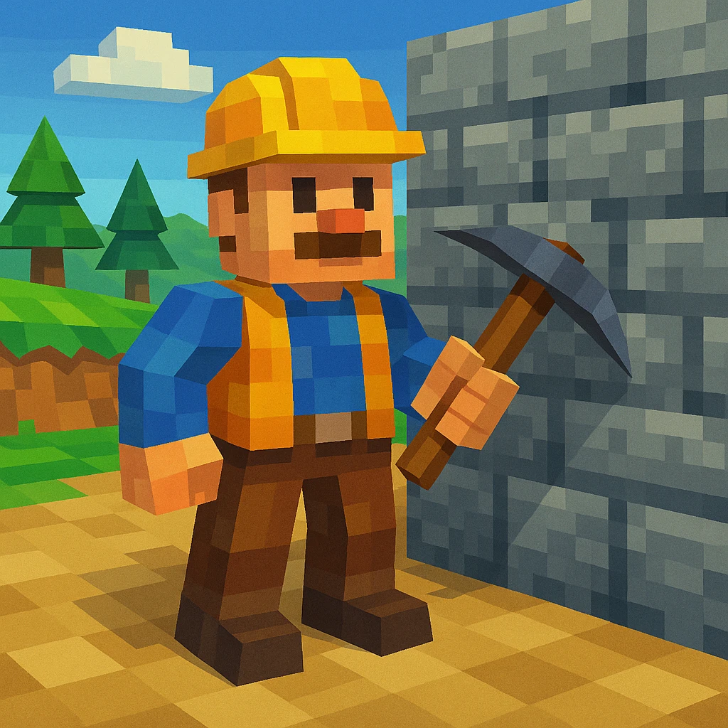 Builder holding a pickaxe near a stone wall emoji