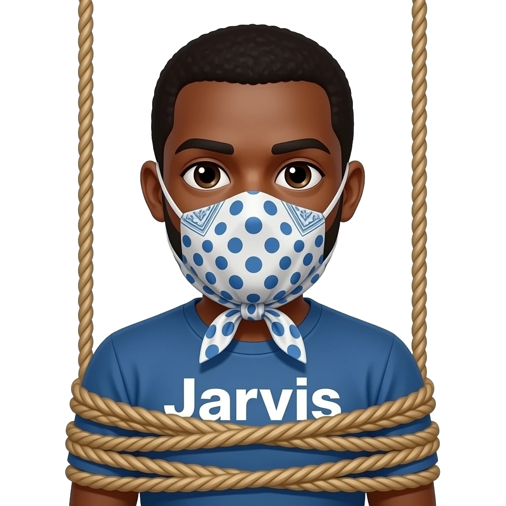 Make an emoji of a black man tied up in a sex swing with a word Jarvis on his shirt and a handkerchief tied around his mouth emoji