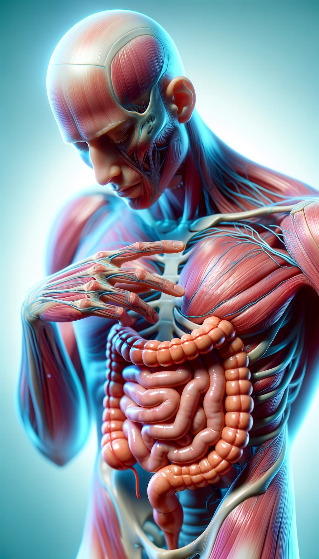 corpo umano anatomico che si tocca l'intestino con gli occhi chiusi, sfondo chiaro, iperrealistica 4k emoji
