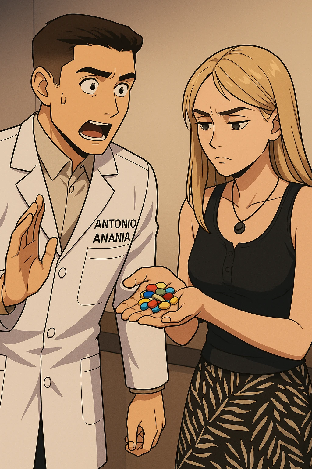 fai un webtoon/manga a colori con questo kinesiologo in camice bianco (fagli la scritta "ANTONIO ANANIA" SUL CAMICE) CHE PARLA CON QUESTA RAGAZZA. LA RAGAZZA HA UN PUGNO DI INTEGRATORI IN MANO (TANTE PILLOLE DIVERSE) E LE GUARDA DUBBIOSA. IL KINESIOLOGO CON IL CAMICE BIANCO LE DOMANDA UNA COSA SCIOCCATO. NON FARE I FUMETTI, FAI SOLO LORO COME SE DIALOGASSERO emoji