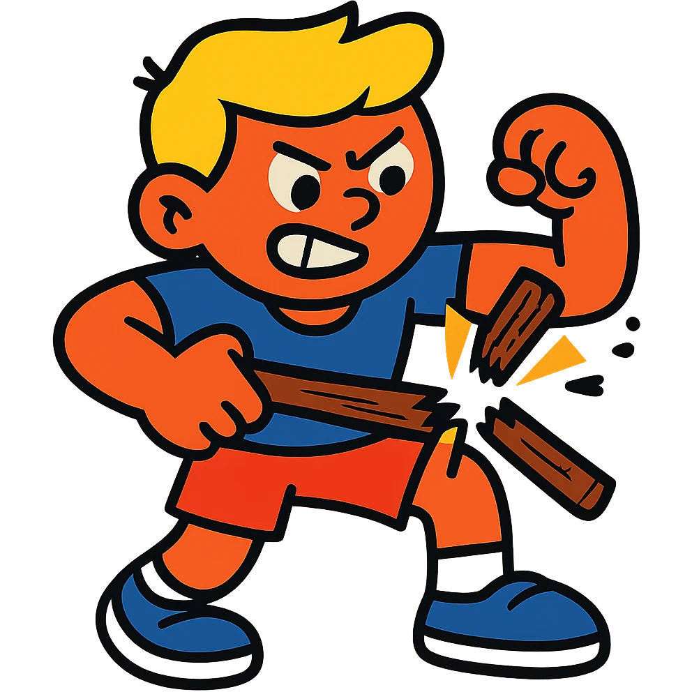 strong kid breaking a stick, determined expression, fun illustration, vibrant colors emoji