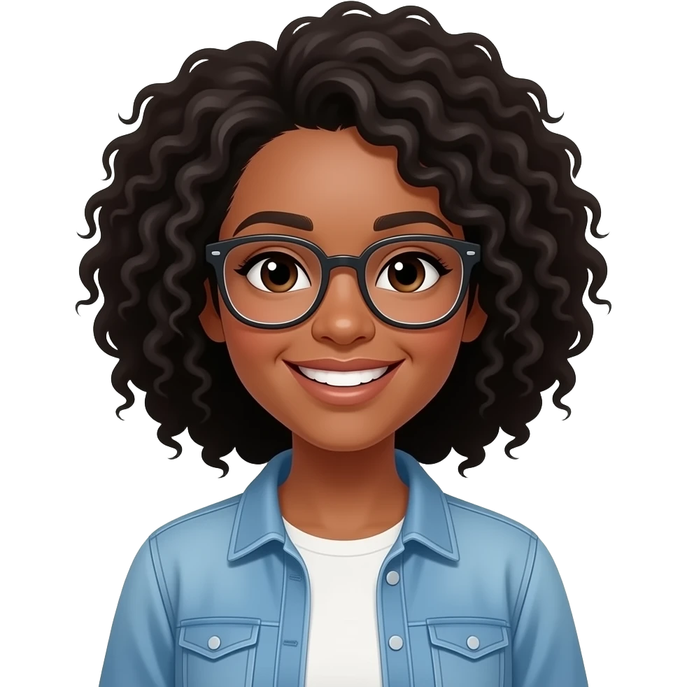young woman, medium-dark skin tone, black curly hair, glasses, casual clothes, smiling, confident emoji