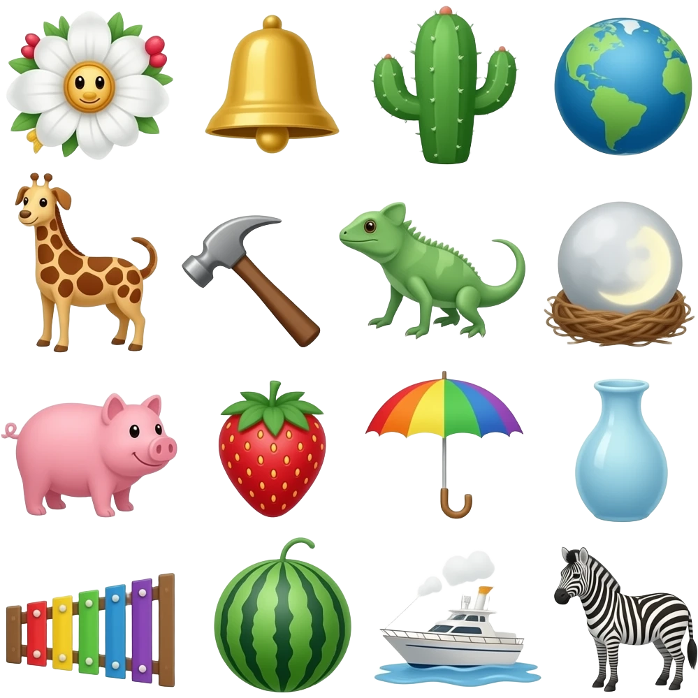 ABC: airplane, bell, cactus, dog, earth, flower, giraffe, hammer, iguana, jellyfish, key, lamp, moon, nest, orange, pig, question mark, rainbow, strawberry, train, umbrella, vase, watermelon, xylophone, yacht, and zebra emoji