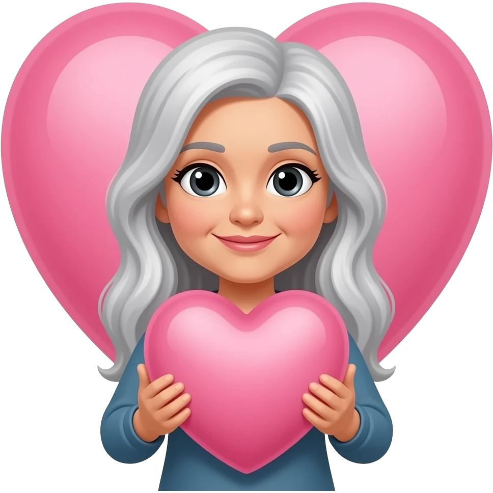 gray long hair lady black eyes holding a big pink heart emoji