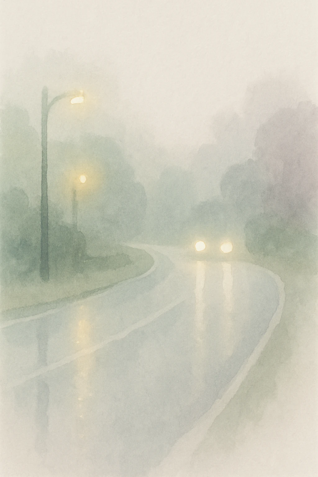 a rainy road at night, watercolor style, soft colors, blurred edges, glowing lights emoji