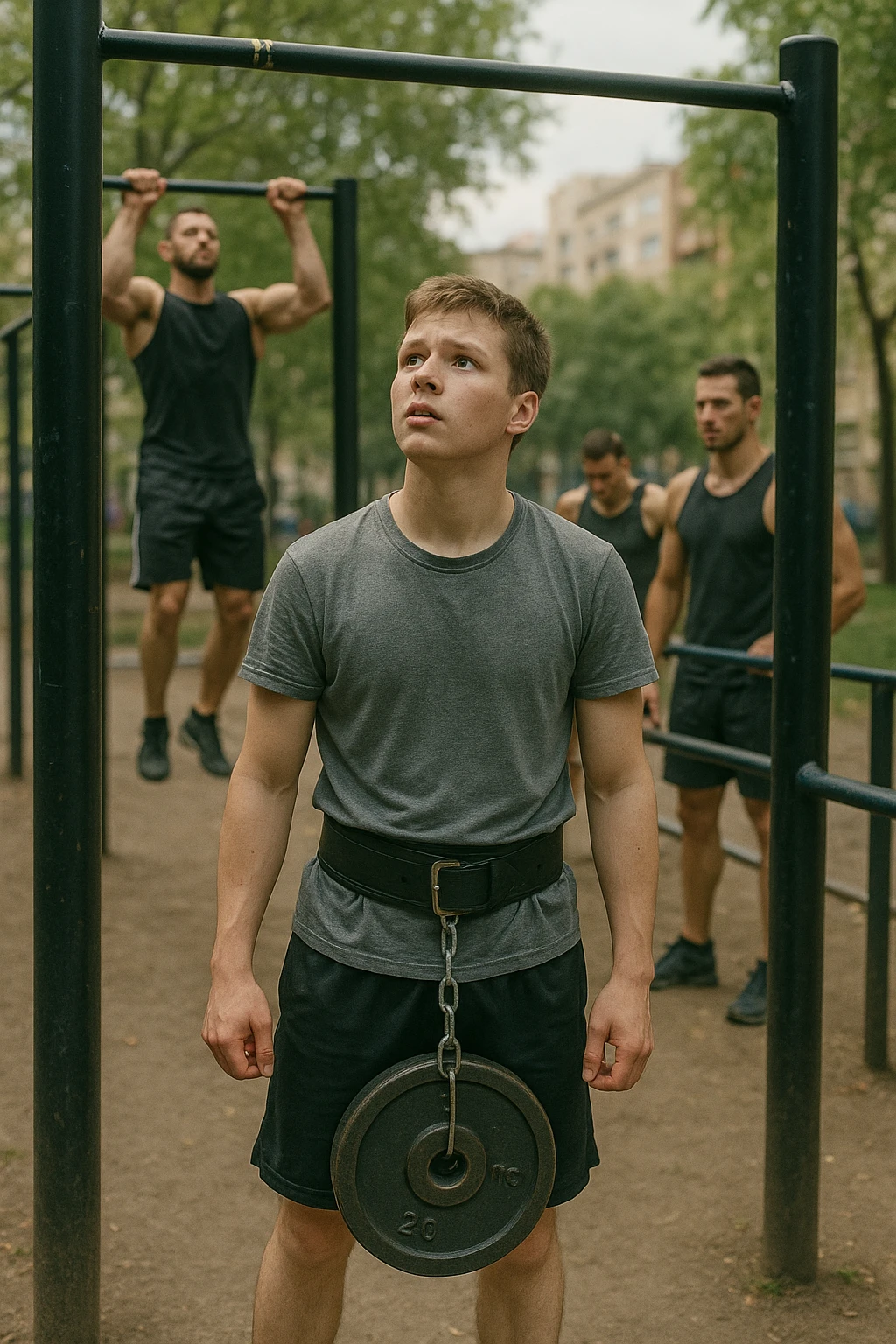 Giovane atleta neofita, fisico normale e non ancora sviluppato, si allena per la prima volta in uno spazio urbano per streetlifting: sbarra per trazioni, parallele, e pesi appesi alla cintura. L’ambiente è un parco cittadino o un’area outdoor sportiva, con luce naturale. L’atleta guarda la sbarra con determinazione e un po’ di insicurezza, ma con forte motivazione. Intorno, altri atleti più esperti. Stile realistico, atmosfera motivazionale, toni energici ma credibili, senso di inizio di un percorso emoji