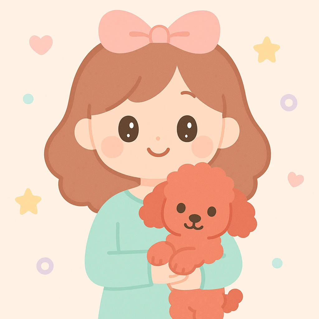 a cute woman with a red toy poodle, charming and friendly, soft colors, simple background emoji
