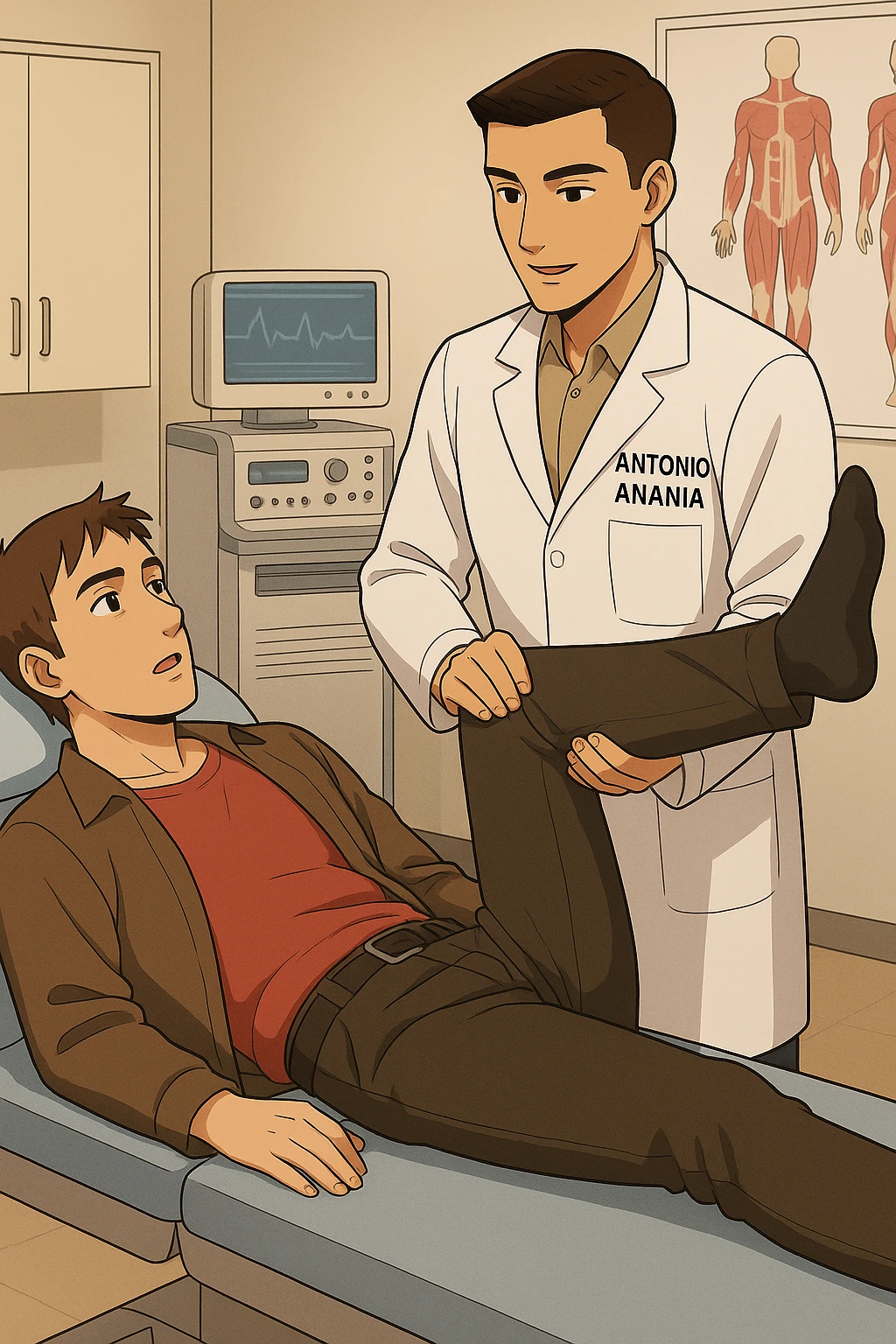 fai un webtoon manga a colori con questo stile, in cui un uomo è steso sul lettino medico e il kinesiologo con il camice bianco (fagli anche la scritta "ANTONIO ANANIA" SUL CAMICE, gli solleva una gamba per fargli il test neuromuscolare, IL KINESIOLOGO SPIEGA ALL'UOMO UNA cosa mentre gli alza la gamba. non fare i fumetti però, fai solo in modo che sembri stiano parlando emoji
