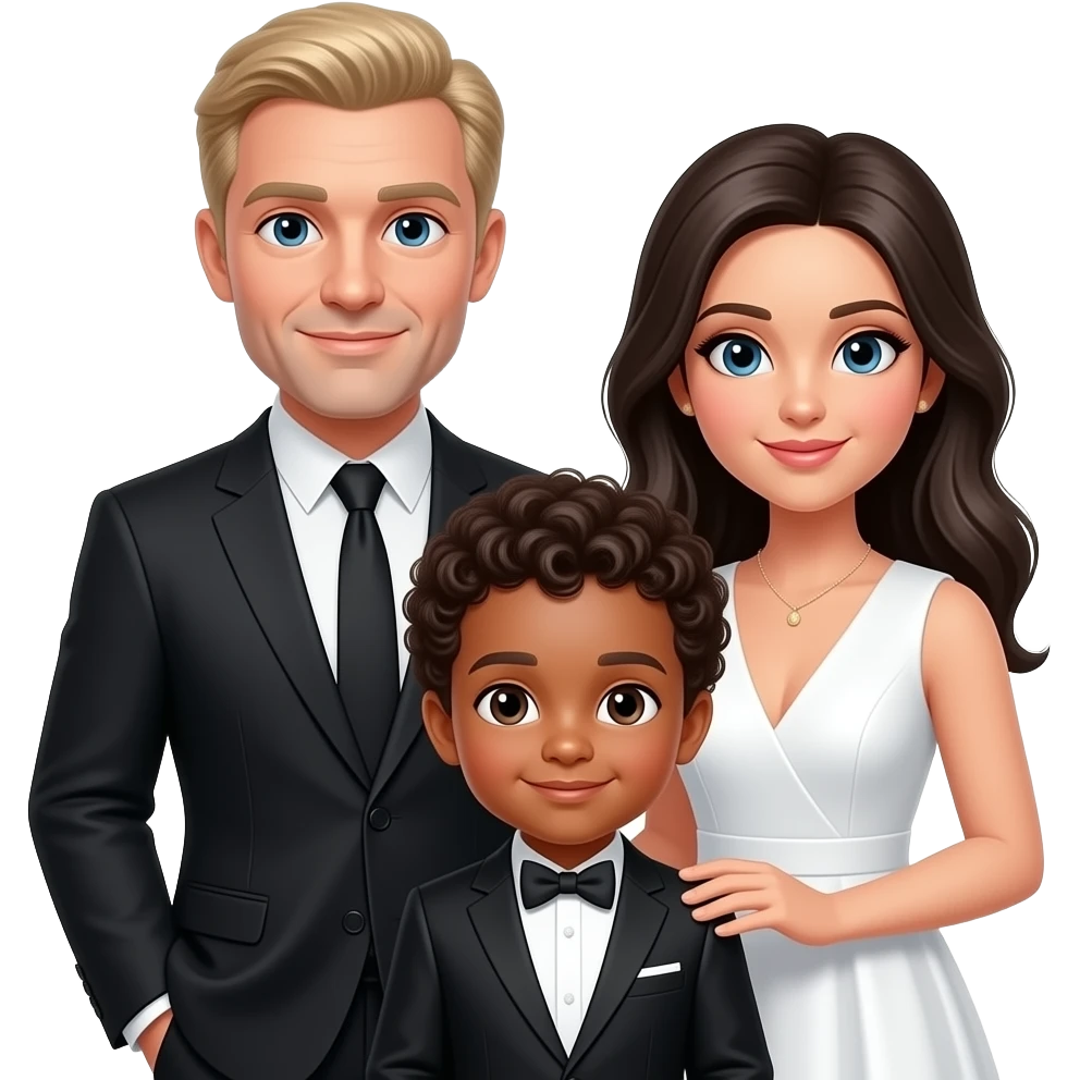 Family of 3 in formal attire, blond older dad , black  younger mom and mix baby boy with curly hair. Mom in white dress and dad wearing black , baby black suit emoji