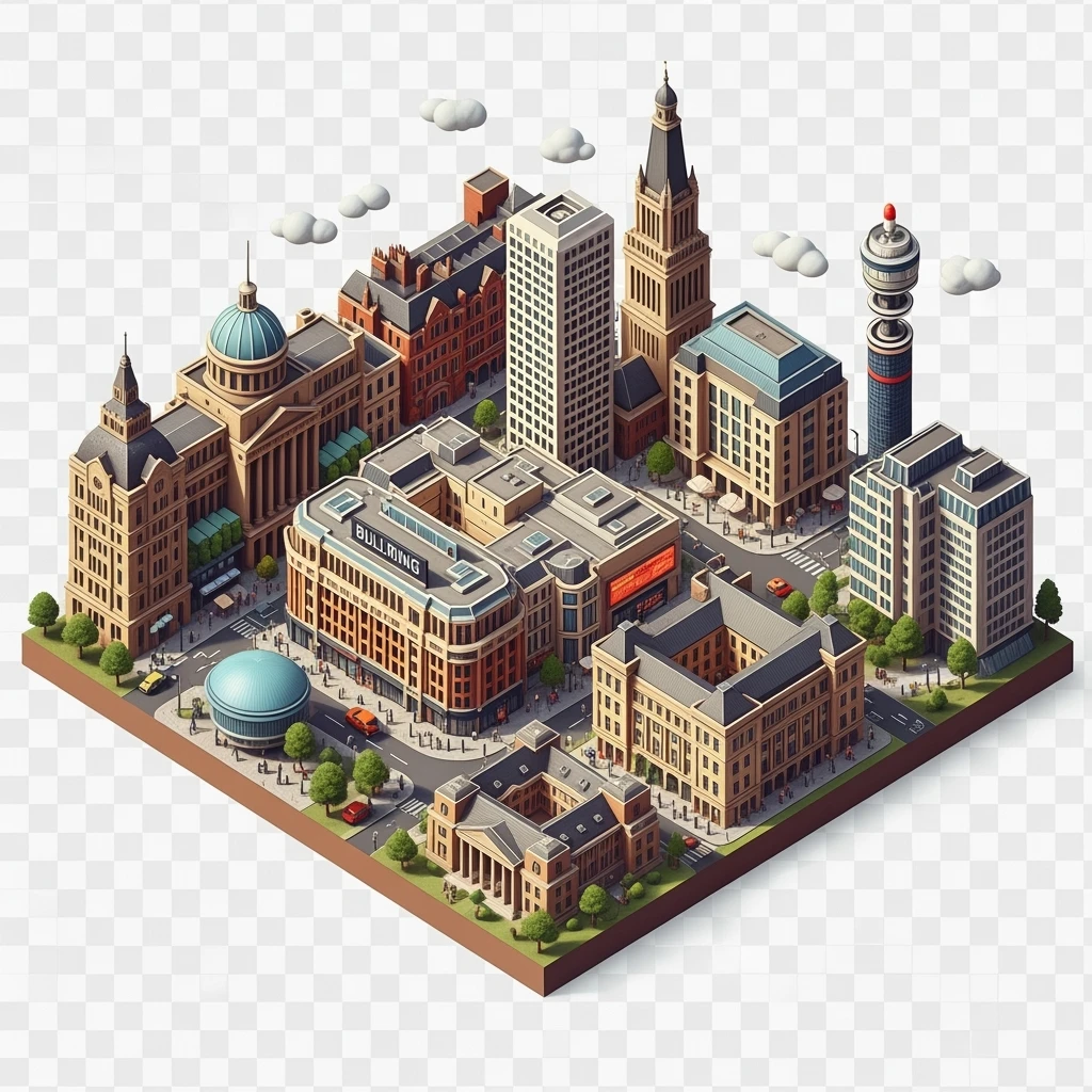 Isometric illustration-model of Birmingham with photorealistic main attractions, balanced between stylized and realistic, 3D miniature effect, transparent background. emoji