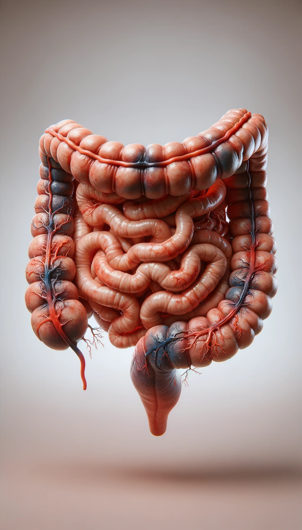 intestino umano anatomico infiammato, sfondo neutro chiaro, iperrealistico 4k emoji