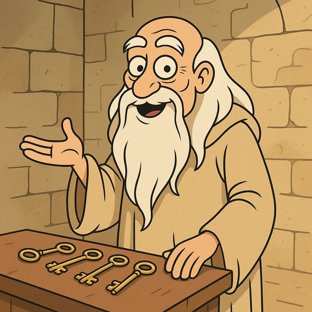 Père Fouras standing by a table with keys, flat toon style, animated, friendly expression, ancient stone walls in background emoji