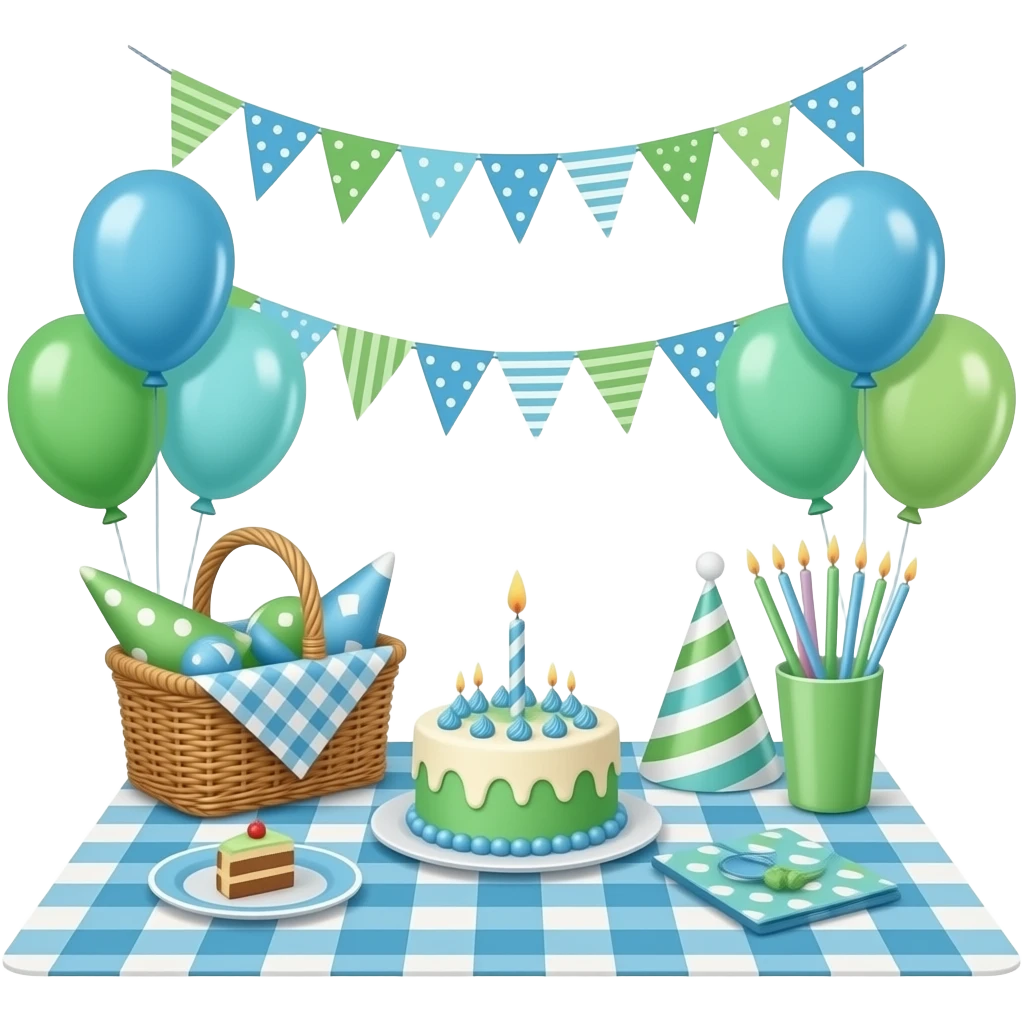green blue Picnic-style birthday setup decorations, transparent background inspired by barbie colour pallete emoji