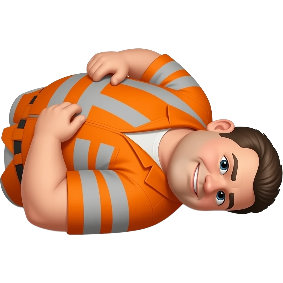 fat MAN IN ORANGE HIVIS OVERALLS, no helmet, not smiling, laying face down on floor, side view emoji