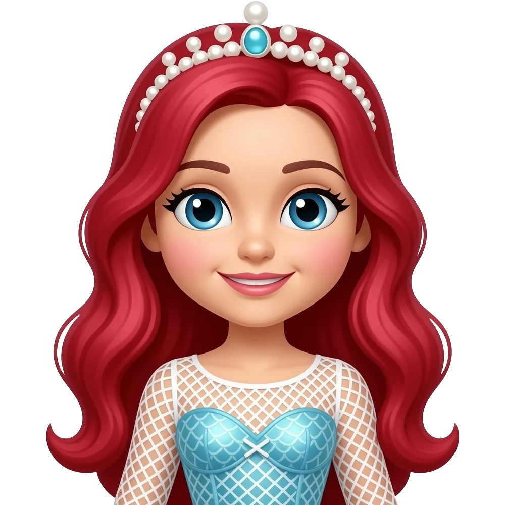 Bubbles the Mermaid from The Wiggles with blue eyes, long red hair, pearl crown, white fishnet dress with light blue mermaid corset emoji