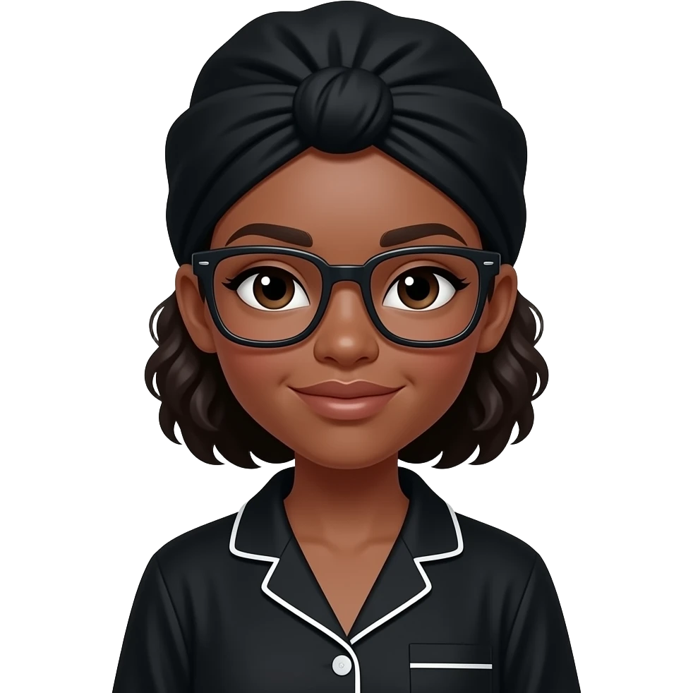 a black girl with a black hair bonnet wearing black square glasses wearing an all black pyjamas emoji