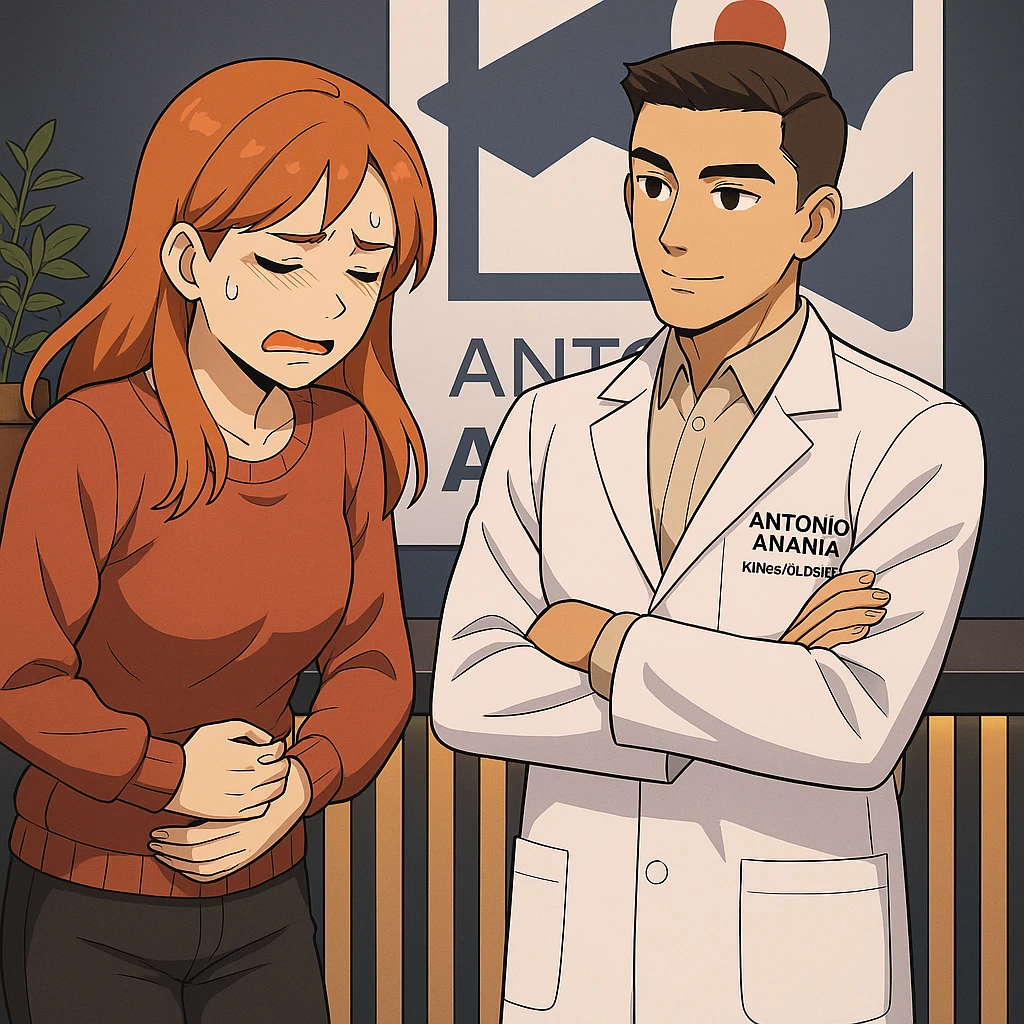 su questo stile fai un manga/webtoon a colori in cui una donna che parla esasperata dal suo problema, l'uomo della foto in stile manga gli risponde, mantieni un ambiente simile alla foto che ho allegato con il suo logo (sarebbe il suo studio, lui è un kinesiologo), scrivigli "ANTONIO ANANIA" sul camice bianco, non mettere fumetti, ma fai in modo che sembri che la donna chiede una cosa e l'uomo risponde alla sua domanda emoji