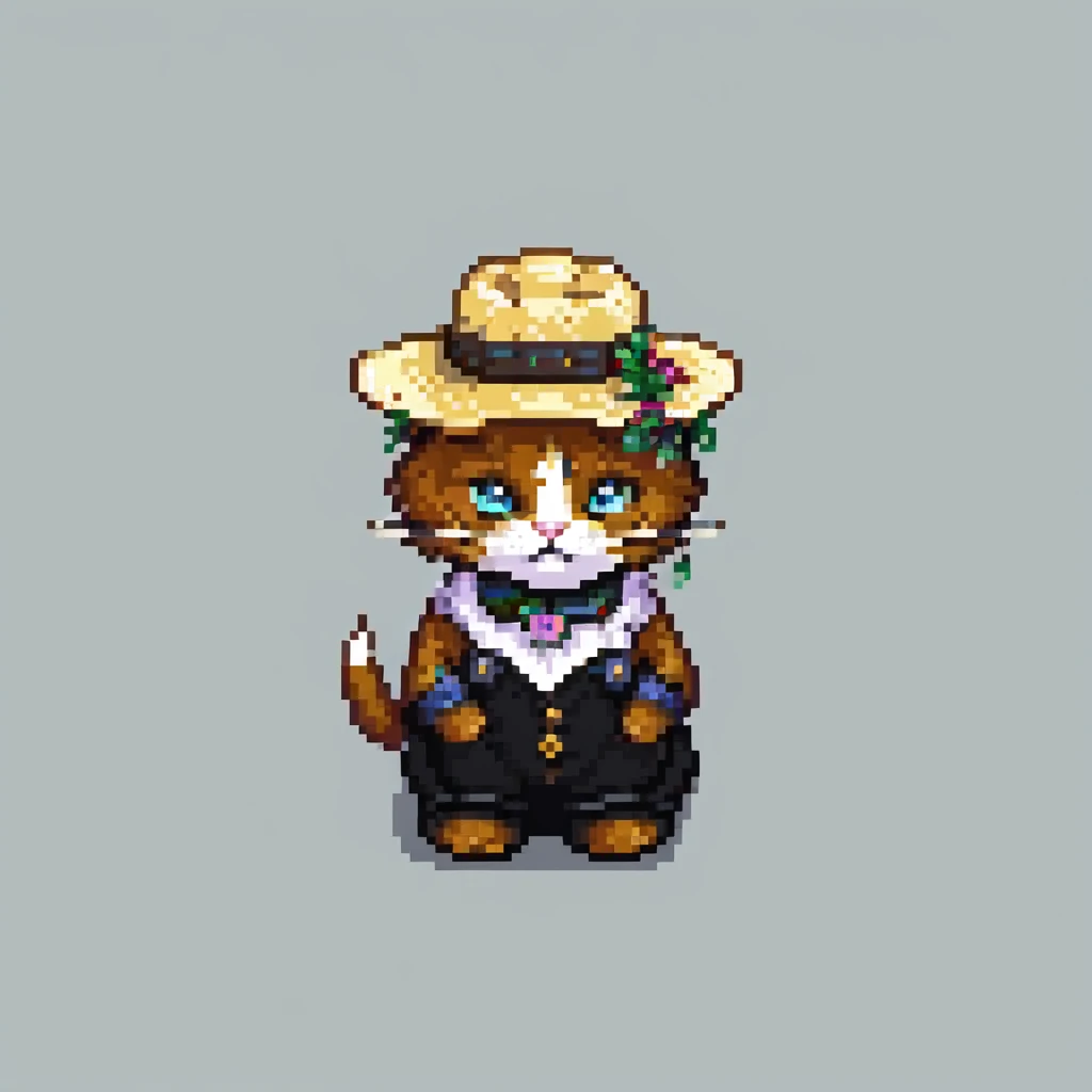 pixel art farm cat with straw hat and boots, field background emoji
