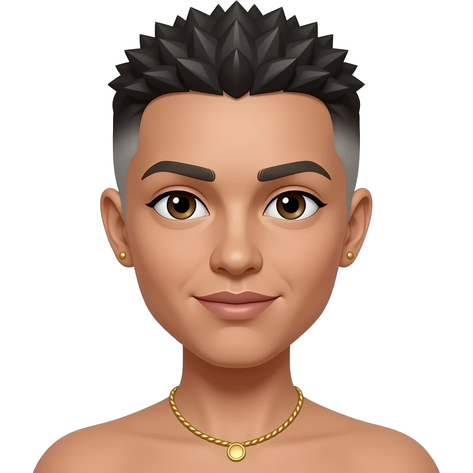 Señora de piel un poco clara, pelo muy corto en la parte de abajo de la cabeza colóchitos muy cortos y arriba corto y liso, con chapas de oro, collar de oro, pocas muy pocas canas emoji