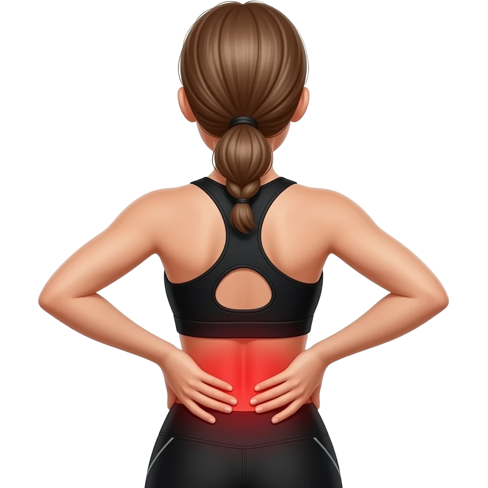 back pain, full red glow covering the entire back, woman with hands on lower back, fair-skinned woman, gray-blue eyes, ash brown brows, ash light brown hair tied back, slim athletic body, black workout set emoji
