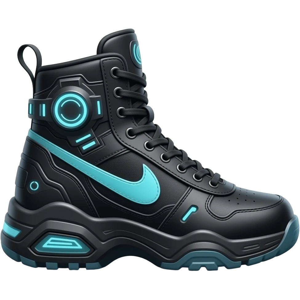 8k quailty, 8000x8000px resolution, highly detailed, ultra realistic, isolated, Women's trendy high top black color sneakers with cyberpunk style and elements, side view, 2D rendering emoji